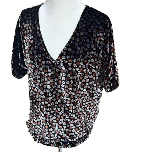 Madewell Burnout Velvet Charcoal Petite Blooms Tulip-Sleeve Ruffle Blouse Med - Picture 8 of 13